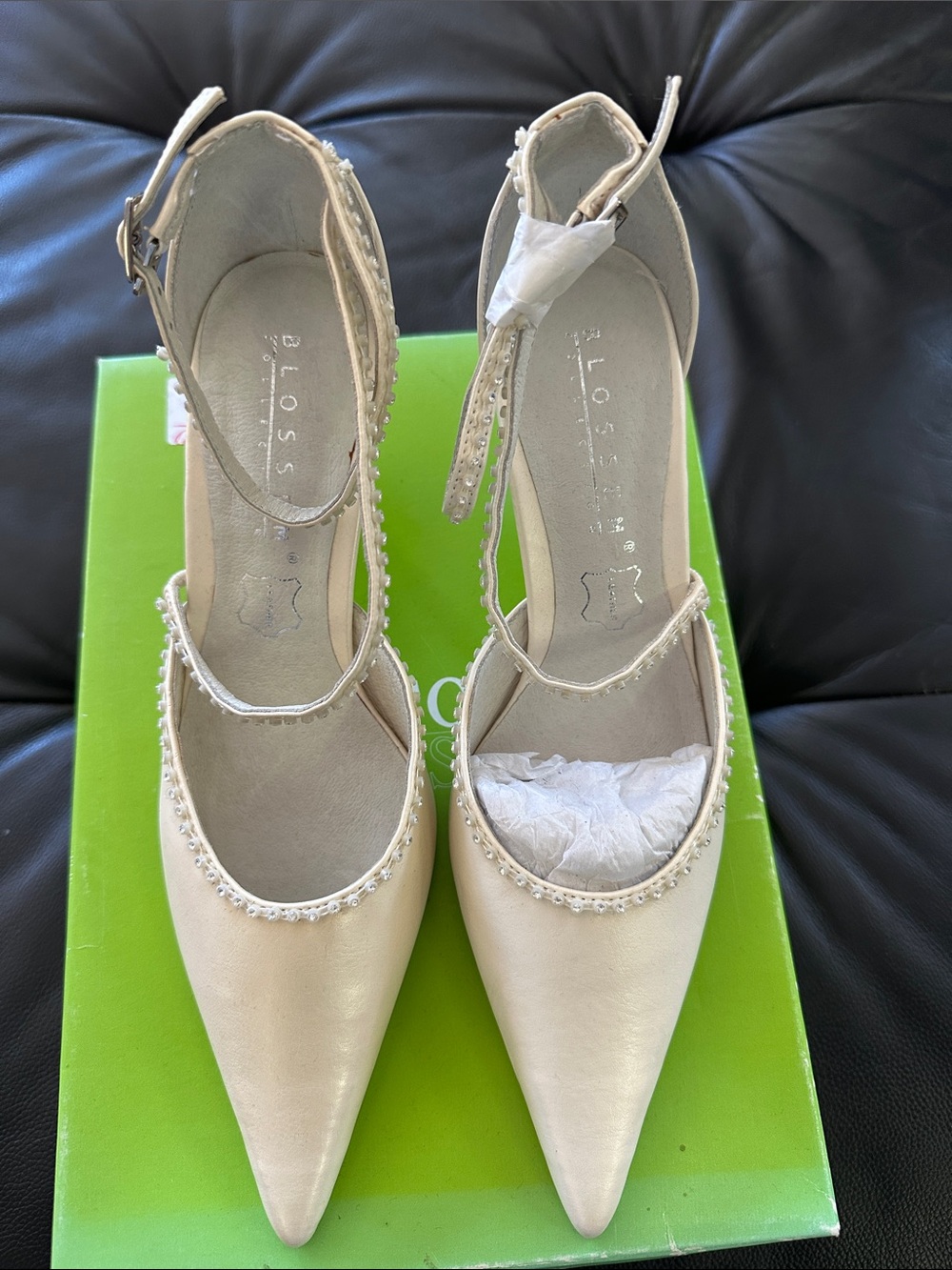 Oasis Cream Pointed-Toe Pearl-Trim Ankle-Strap Heels size 5, 6, 8, 9